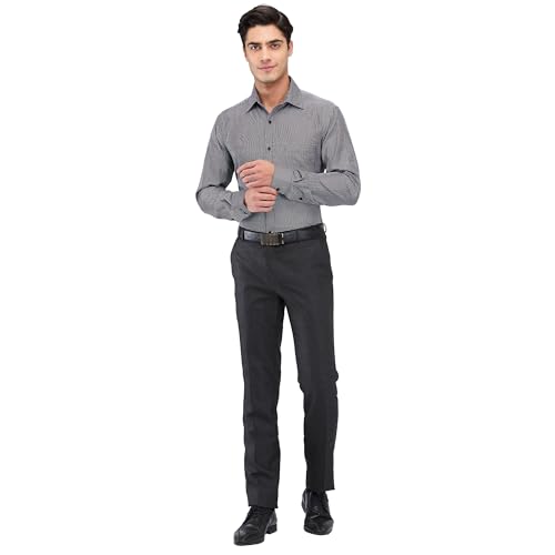 Image of Raymond Men's Slim Fit Formal Shirt | Pure Cotton Structured Weave Semi Cutaway Collar Business Wear Black