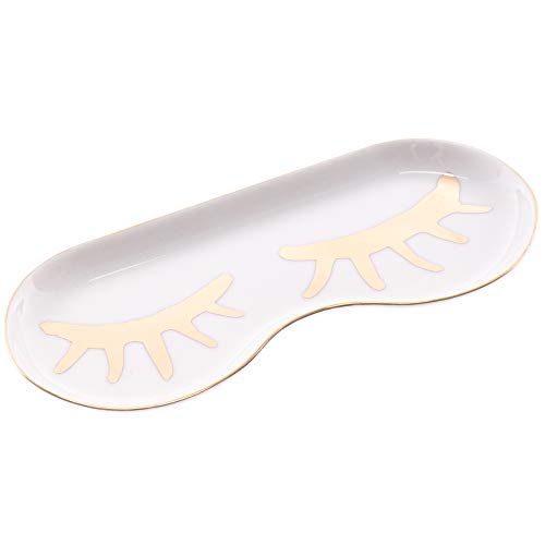 Slant Eyelashes Gold Tone On White 6 x 3 Glossy Ceramic Trinket Jewelry Tray