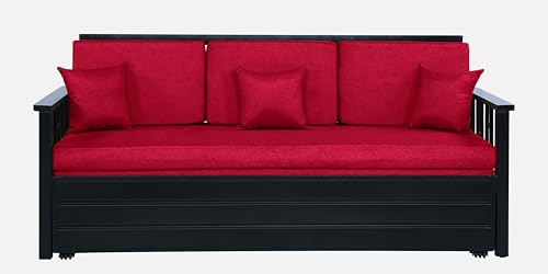 Image of Horrim 3 Seater Metal Sofa Cum Bed with Hydraulic Storage | Queen Size Sofa Cuma Bed | 3 Seater Sofa Set, Metal Sofa Set for Living Room (Matte Black Finish with Red Cushion)