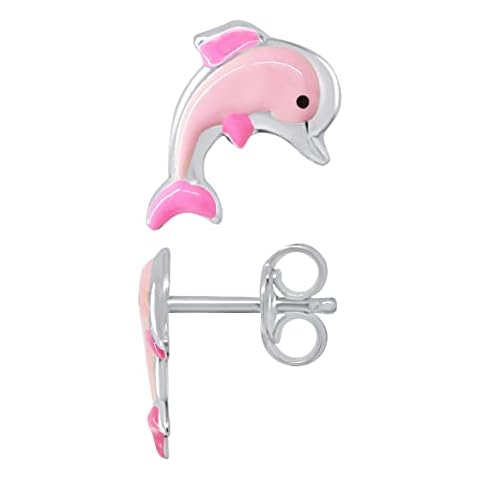 Amours, Kisses & Huggins - Children's Earrings - Pink Dolphin - Rhodium-Plated 925 Sterling Silver - 100% Hypoallergenic - Suitable for Children Aged 2 to 12 Years - Children's Jewellery Cover