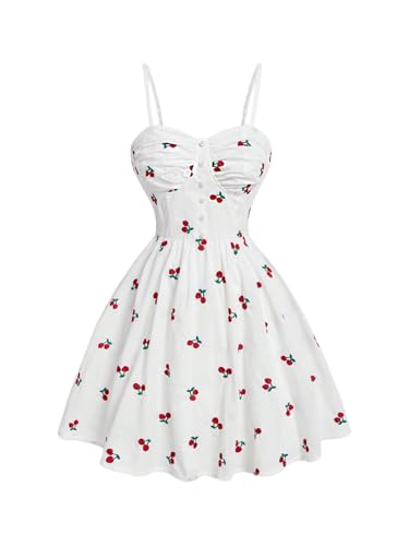 WDIRARA Women's Cheery Embroidered Ruched Bust A Line Cami Short Dress Pearl Button Ruffle Dresses