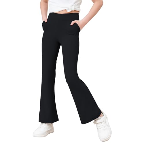 Black Cherry Girls Flare Leggings with 2 Pockets, Bootcut Yoga Pants, Crossover Waist Bell Bottoms for Dance Workout