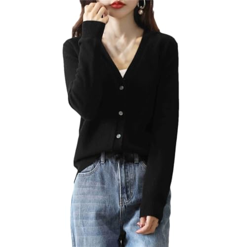 Generic Women'S Cashmere Cardigan Long Sleeve Knitted Cashmere Cardigan Sweater V Neck Button Sweaters Black L