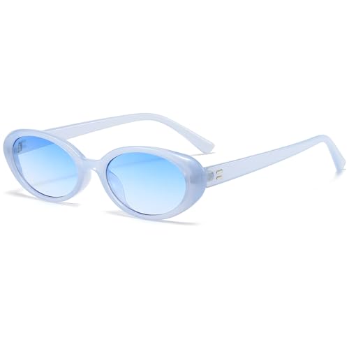 Breaksun Retro Oval Sunglasses for Women Men Fashion Small Oval Sunglasses 90s Vintage Shades (Baby Blue/Blue Gradient)