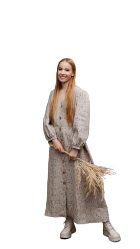 Robe en lin boutonnée à manches longues bouffantes pour femmes