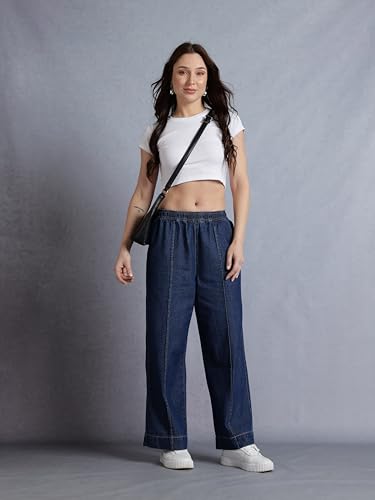 Image of INKD Women's Wide Leg Jeans- 100% Cotton | Mid-Rise | Elasticated Waistband | Pintuck Details | Comfort Fit | Palazzo Pants for Women | Lightweight Denim for Summers (Available in Plus Sizes)