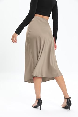 Oyamiki Ladies Silk Midi Skirt Elasticated High Waist Flared Long Skirts for Work Party, XL - Image 3