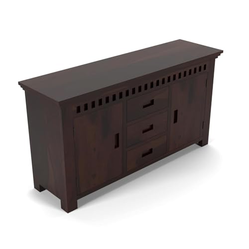 Image of Solid Sheesham Wood Wooden Sideboard Storage Cabinet & Chest of Drawer : Ideal for Living Room and Bedroom with 3 Drawers and 4-Shelf Storage (Carter, Walnut Finish)