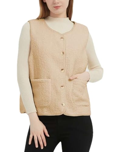 Shebote Womens Sherpa Fleece Lightweight Vest Fall Sleeveless Warm Button Down Fuzzy Jacket Outerwear Teddy Coat Gilet (0312-Khaki-L)