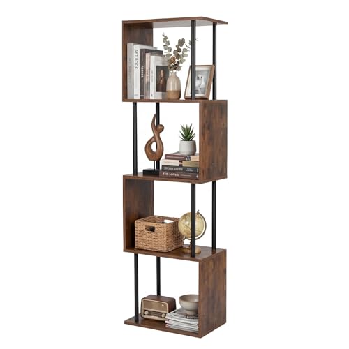 Image of Levede 5-Tier Bookshelf, S-Shaped Wooden Geometric Bookcase Storage Unit, Narrow Freestanding Shelving Unit for Living Room & Home Office, 126 x 38 x 24 cm, Walnut