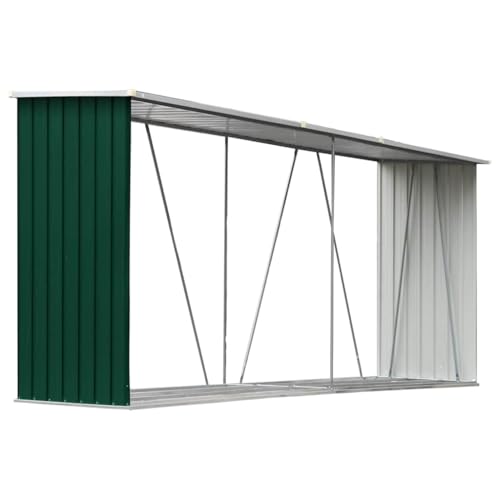 vidaXL Casetilla para Leña Acero Galvanizado Almacenaje Soportes Bolsas Orden Casa Jardín Hogar Chimenea Decoración Verde 330x84x152 cm