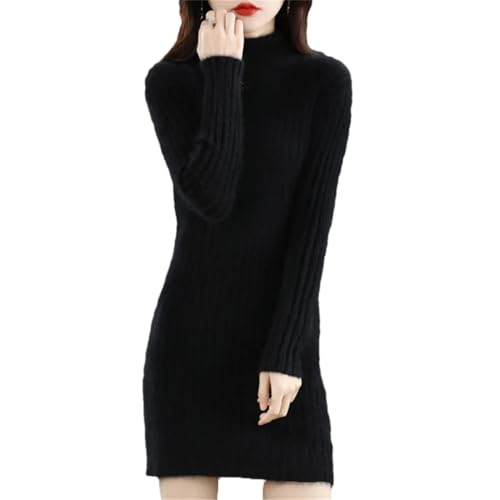 Damen Rollkragenkleid Langarm Slim Fit Pullover Pulloverkleid Casual Solid Midi Kleid Top, Schwarz , S