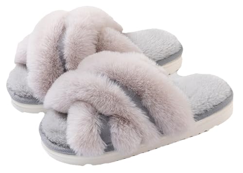 Womens Winter Fluffy House Slipper Breathable Open-Toe Outdoor Slides Shoes Crisscross Non-Slip Comfortable Home Slipper