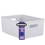 Superio Ribbed Collection - Decorative Plastic Open Home Storage Bins Organizer Baskets, Large White Smoke (1 Pack) Container Boxes for...