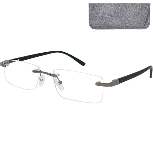 Mini Brille - Lunettes de Lecture Percées Sans Cerclage avec Verres Transparents Rectangulaires, Boite Lunette Inclus, Cadre en Acier Inoxydable (Noir),...
