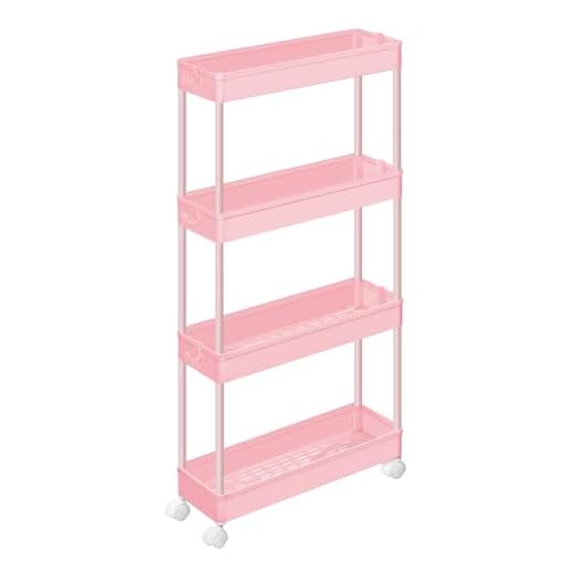 SONGMICS Carro de Almacenamiento de 4 Niveles, Carrito con Ruedas, Carro de Cocina, Ahorro de Espacio, para Baño, Oficina, 14,4 x 42 x 86 cm, Rosa Jalea KSC008R01
