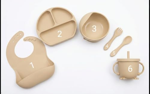 Image of SJC Global Silicone Baby Feeding Set Beige - 6 PCS Plate, Bowl, Spoon, Fork, Bib & Cup | Food‑Grade Silicone Tableware for Babies & Toddlers