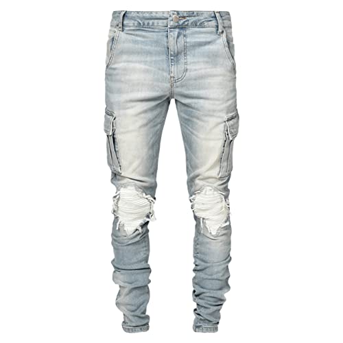 Maiyifu-GJ Men's Ripped Moto Biker Jeans Motorcycle Multi Pockets Denim Pants Distressed Skinny Holes Hip Hop Stretch Jean (Light Blue,30)