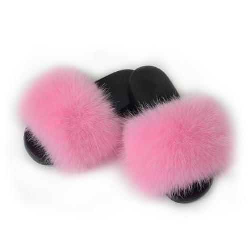 Image of Women's Faux Fur Slides Slippers Fluffy Fuzzy Sandals Open Toe Furry Slide Flip Flop Indoor Outdoor