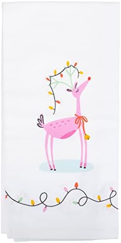 Mary Square Pink Reindeer and Bulbs 18 x 26 All Cotton Christmas Dish Tea Hand Towel