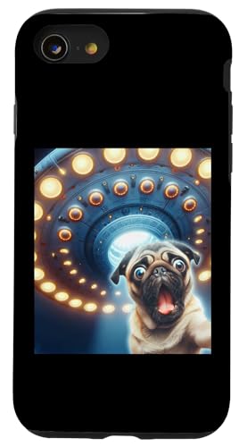 Coque pour iPhone SE (2020) / 7 / 8 Selfie drôle de carlin avec des ovnis extraterrestres soucoupes volantes enlèvement