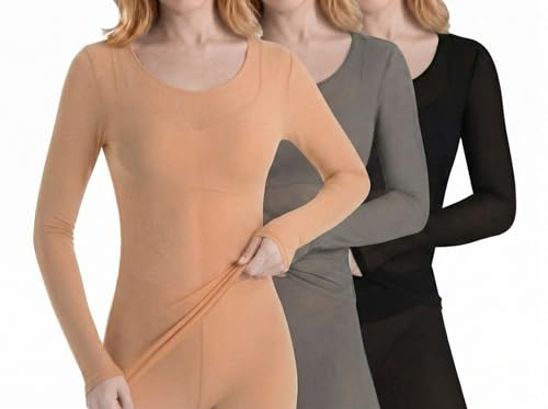 Shihanee 3 Pcs Ultra-Thin Seamless Elastic Thermal Inner Wear Tops for Women Thermal Undershirt Stretch Warm Underwear Set (Black,Beige,Gray,Large)