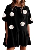 Baseball T Shirt Dress for Women Game Day Shirts Sequin Baseball Graphic Dress Sport Fans Casual T Shirt Dresses Black