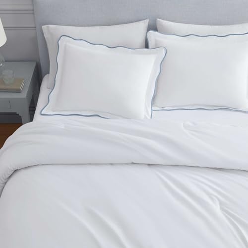 Image of Martha Stewart - Twin Comforter Set, Crisp & Smooth Bedding with a Cotton Percale Lightweight Feel, Reversible 2 Piece Bed Set with Matching Pillowcase (Simple Scallop Blue)