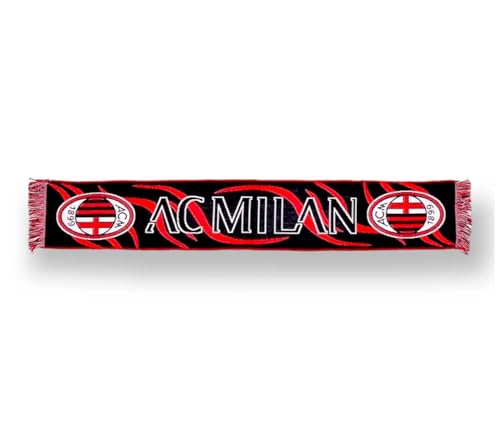 Lavorazione jacquard con scritta AC MILAN, grafica a fiamme rosse e stemmi ai lati.