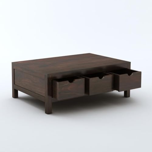 Image of MAMTA DECORATION Solid Sheesham Wood Coffee Table for Living Room | Wooden Center Table with 3 Drawers Storage for Home, Hall & Lounge | Modern Tea Table | Rectangular Coffee Table | Walnut Finish