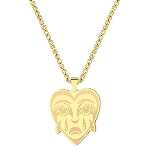 Collier visage en pleurs bijoux acier inoxydable pendentif cœur pour femme et homme