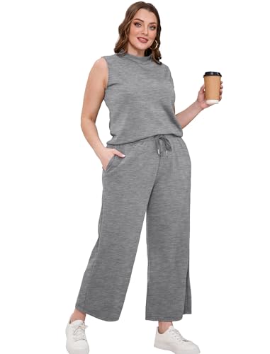 Image of SAMPEEL Two Piece Sets for Women Summer Outfits Lounge Sets Mock Neck Tops Wide Leg Crop Pants Vacation Travel Outfits