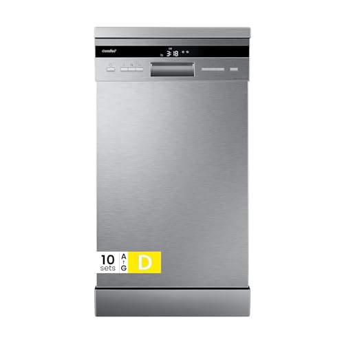COMFEE' Slimline Freestanding Dishwasher CDWEF1036ESS-UK 45cm Wide With 10 Place Settings, Whisper Quiet 44dB, Auto Wash, Auto Open Drying, Energy Class D, Stainless Steel