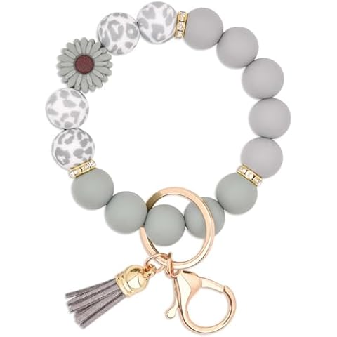BAOSIWA Silicone Beaded Keychain Wristlet Key Ring Bracelet Cute Gray Car Key Chain Holder for Women Girls Cover
