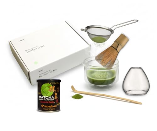 Maeda-en Matcha Tea Set with HARIO Bowl – Complete & Authentic Japanese Tea Ceremony Kit For All Matcha Lovers |　Premium Matcha Powder, Bamboo Whisk & Chashaku Scoop, Sifter, Whisk Holder (Clear)