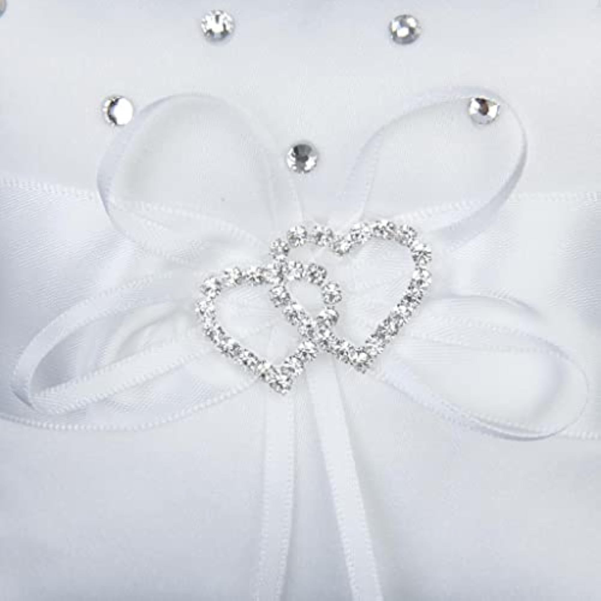 White Double Heart Crystal Rhinestone Wedding Pocket Ring Pillow Cushion