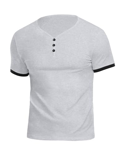 KUYIGO Mens Casual Slim Fit T-Shirts Henley Short Sleeve Summer Shirt 2XL Light Grey