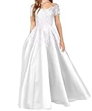 AHERKLL HAH040 Kleid für die Brautmutter mit Spitzenapplikation, schulterfrei, formelle Abendparty, Großmutter-Kleider mit Tasche, weiß, 40