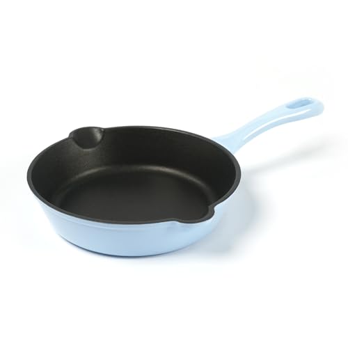 HAWOK Cast Iron Enameled Skillet, Frying Pan, DIA.8 inch, with Handle Cover, Blue