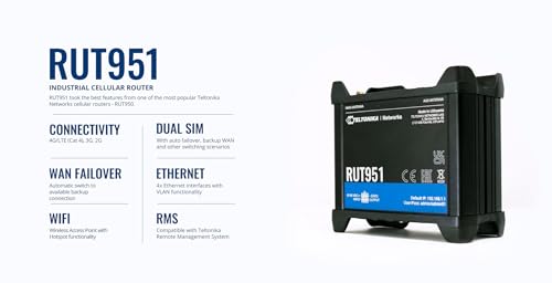 Image of Teltonika RUT951 Industrial 4G LTE Router - Dual SIM Failover, WiFi Hotspot, VPN & RMS Support (RUT951A00800)