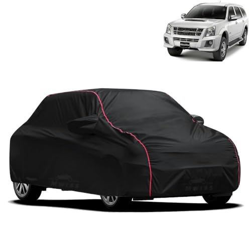 Image of Waterproof Car Cover for Isuzu MU7 | All-Weather Protection, Dustproof & UV Resistant | Triple Stitched Mirror Pockets, Windproof Buckle Strap with Elastic Hem, Black-Red Piping
