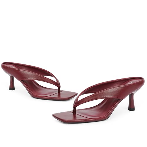 Image of VIUGJNEX Women's Kitten Heels Flip Flops Slip On Open Toe Low Heels Thong Square Slide Summer Fashion Party Heeled Dressy Sandals for Women