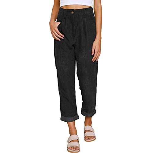 Pantalon court femme en velours côtelé coupe droite et poches loisirs