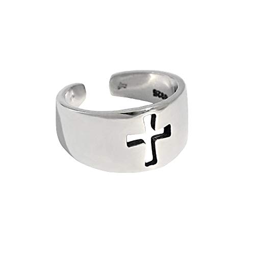 Vintage Cross Sterling Silver Open Statement Ring for Women Girls Men Adjustable Faith Tail Knuckle Wrap Rings Christmas Easter Memorial Jewelryfor Prayer Friends
