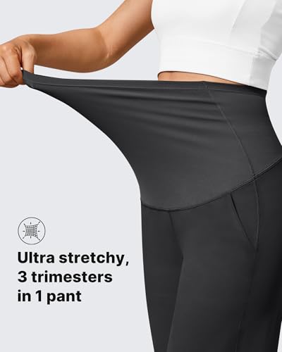 G4Free Umstandshose Damen Hohe Taille Yogahose mit Taschen Weites Bein Umstandsmode für Schwangere Lang Freizeithose Stretch Lose Gerade Hose(Schwarz,L,32\)