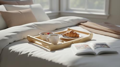 Image of Pine Wood Serving Tray Set of 2 with Handles | Medium 15x10x2.25 & Large 18x12x2.25 Inch | Multipurpose Wooden Breakfast, Tea, Coffee, Food Tray | Natural Finish
