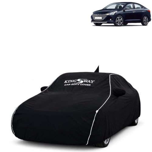 Image of KINGSWAY Super Waterproof Car Cover Only with Hyundai Verna (Year 2020 to 2023 - All Model) | Mirror and Antenna Pockets | All Weather Car Body Cover with Silver Piping | Black