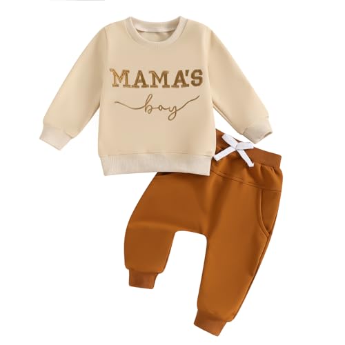 Image of FOCUSNORM Toddler Baby Boy Fall Outfit Mama's Boy Letter Embroidery Sweatshirt Top Elastic Pants Set Cute 2pcs Winter Clothes