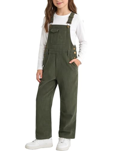 Rolanko Girls Corduroy Overalls Adjustable Straps Dungarees with Pockets, Baggy Loose Long Jumpsuit Bibs Playsuit for Teen Kids, Olive Green, 150, 10-11 Years