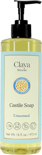 Image of Claya Unscented Liquid Castile Soap Organic Ingredients, Biodegradable, Gentle for Sensitive Skin and Versatile Use (2 Pack of 16 fl oz (Pump Cap))